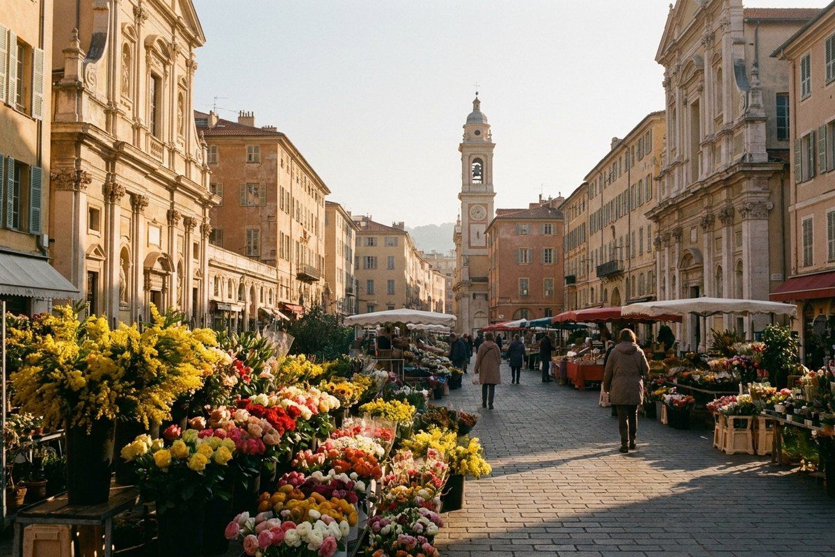 Cours Saleya flower market in Vieux Nice — yellow mimosa stalls and ochre baroque facades in warm raking morning light