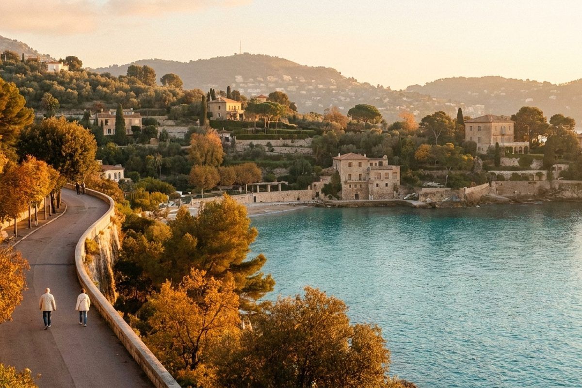 The French Riviera coast in autumn — warm golden light over a calm, quiet sea