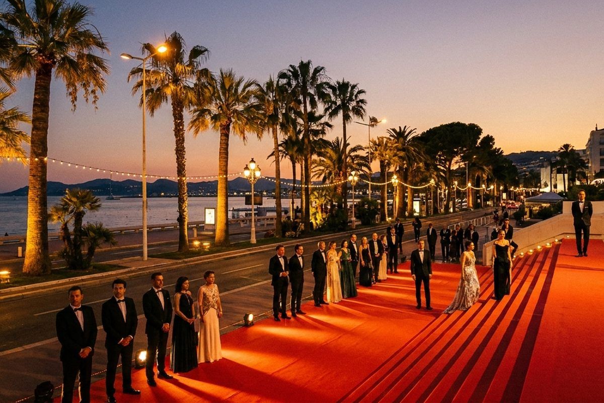 An evening on the Cannes Croisette during the film festival — a red-carpeted staircase lit by warm lights, palms at dusk
