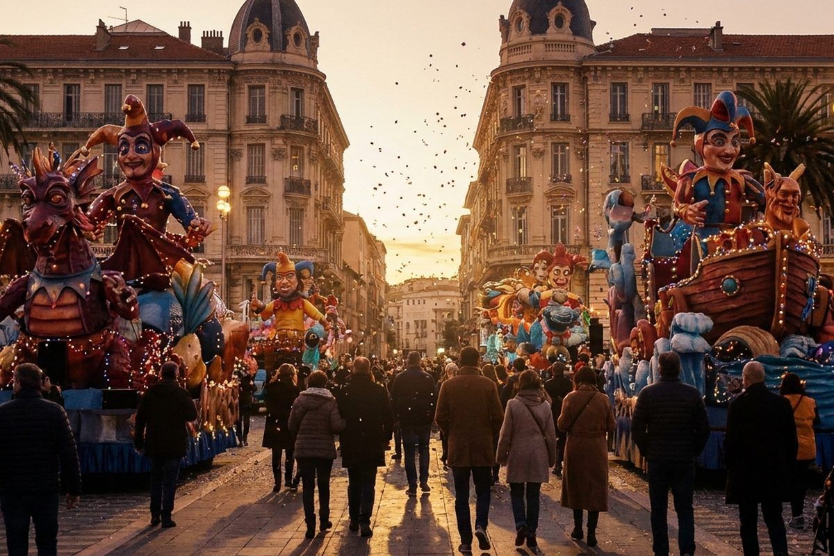 Giant colourful carnival floats parading through a grand Nice square at dusk during Carnaval de Nice, crowds watching
