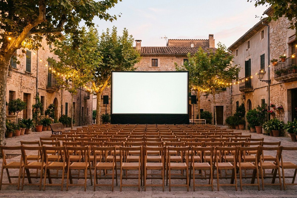 Rows of wooden folding chairs facing a large open-air cinema screen in a Mediterranean town square at dusk, string lights glowing in the plane trees