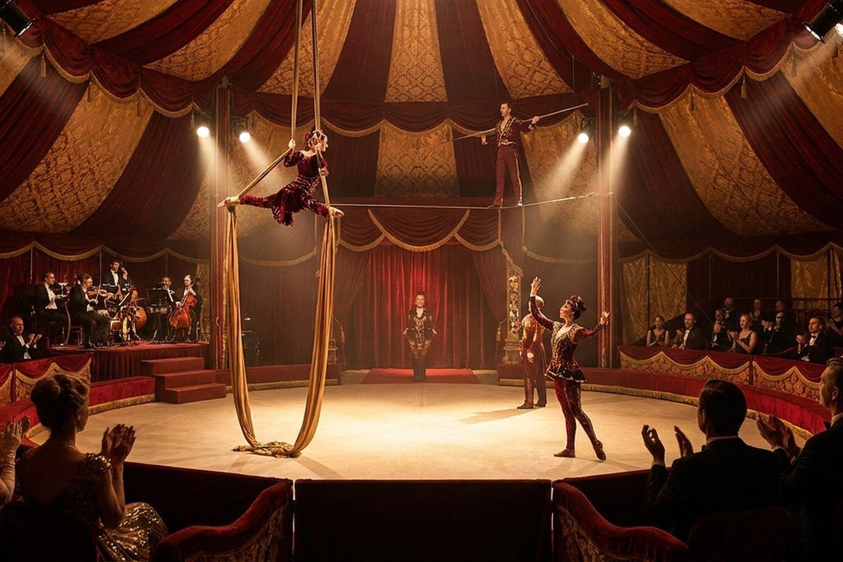 A circus performance under a grand big-top tent at night, spotlights on the ring in rich red and gold