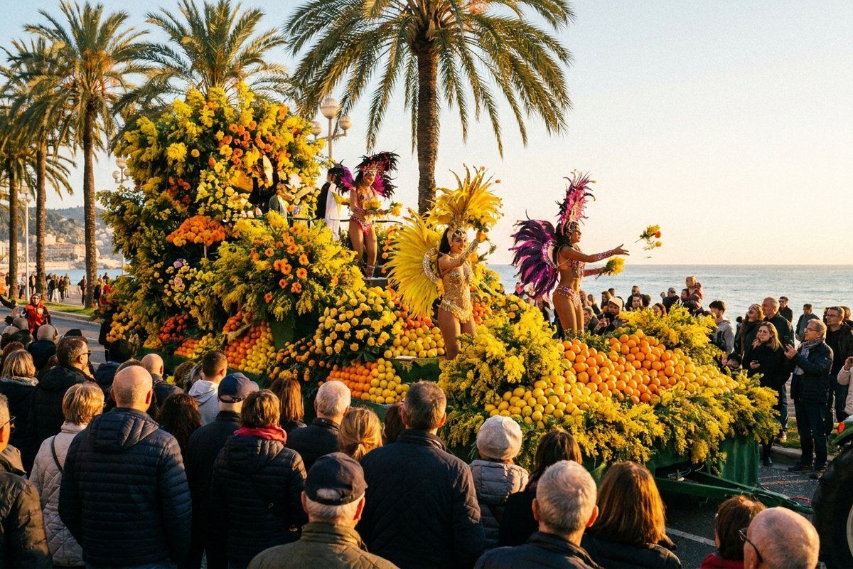 A flower-and-citrus-covered carnival float on the Promenade des Anglais at golden hour, performers in feathered costumes, crowds watching from the seafront