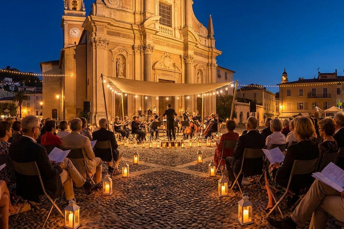 An open-air classical concert at night on Menton's baroque church square, warm lantern light on the ornate facade