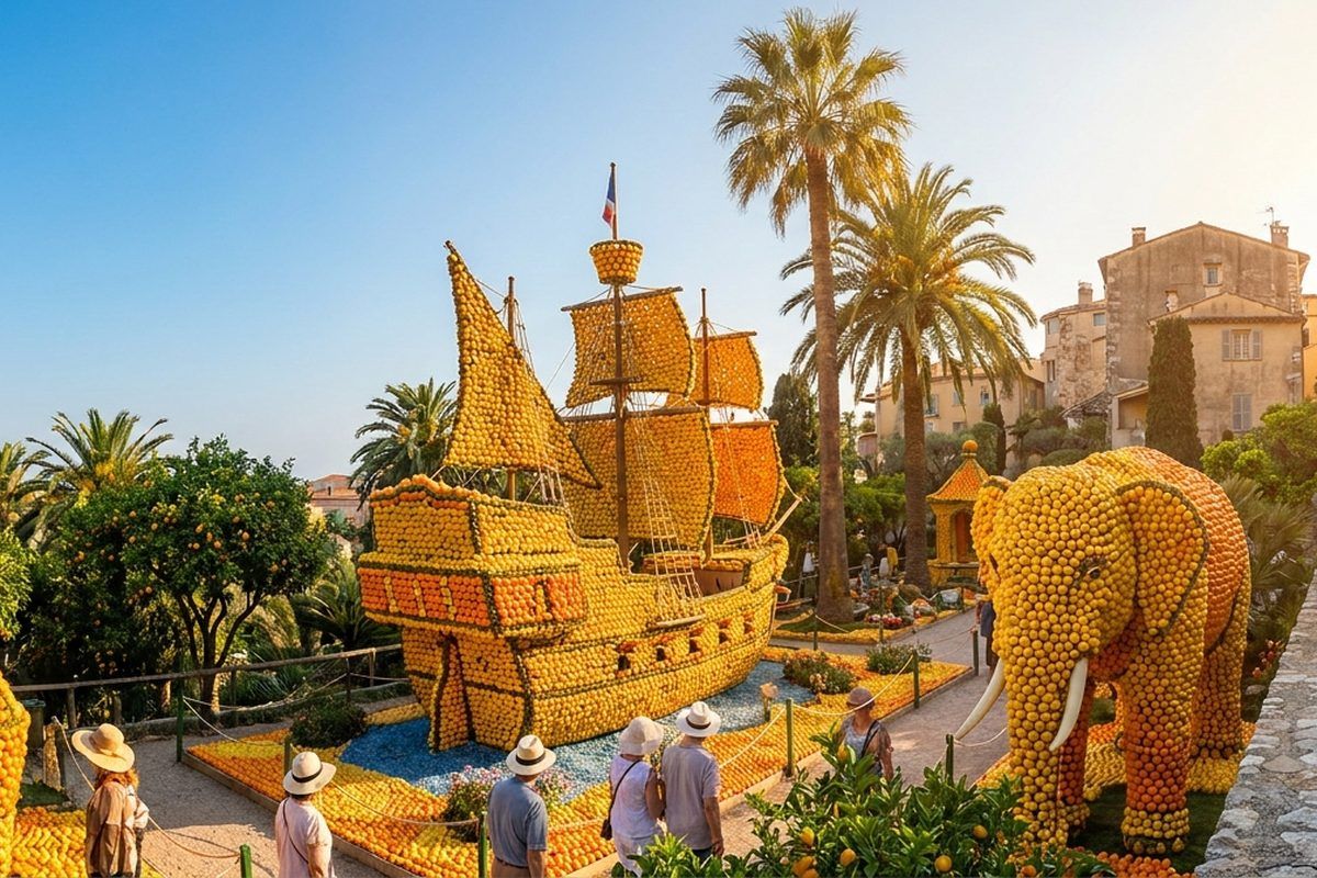 Enormous sculptures built from lemons and oranges in a sunny Menton garden during the Fête du Citron