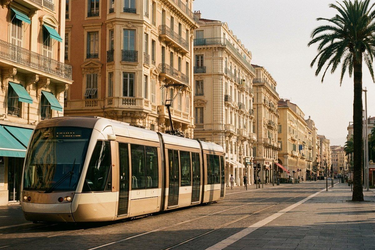 A Nice tram gliding along a Belle Époque avenue, cream facades receding in perspective with a tall palm at right in warm afternoon light