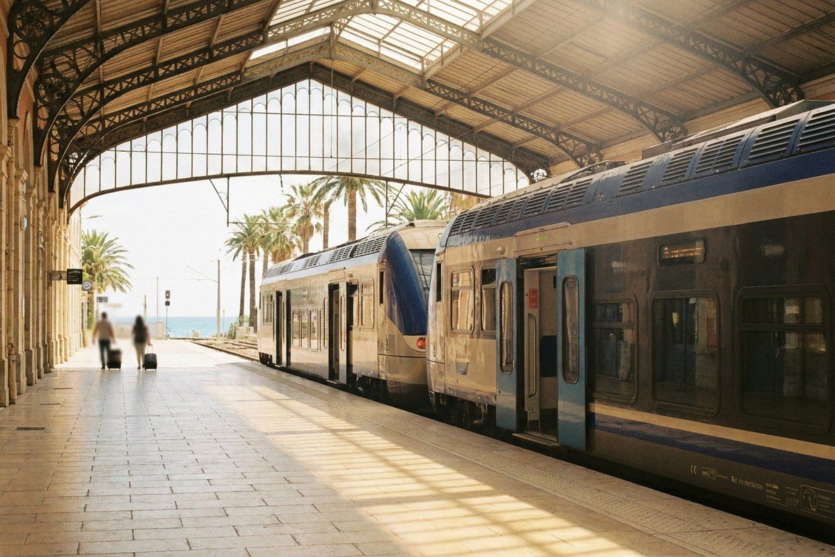 A regional train at a sunlit Riviera station platform beneath an iron-and-glass canopy, palms visible beyond the open end and distant travellers — the moment of arrival