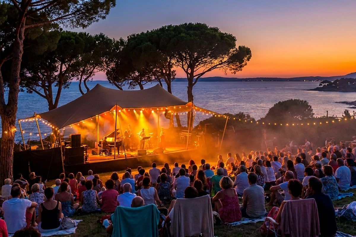 A seaside jazz stage at dusk among umbrella pines beside the Mediterranean at Juan-les-Pins