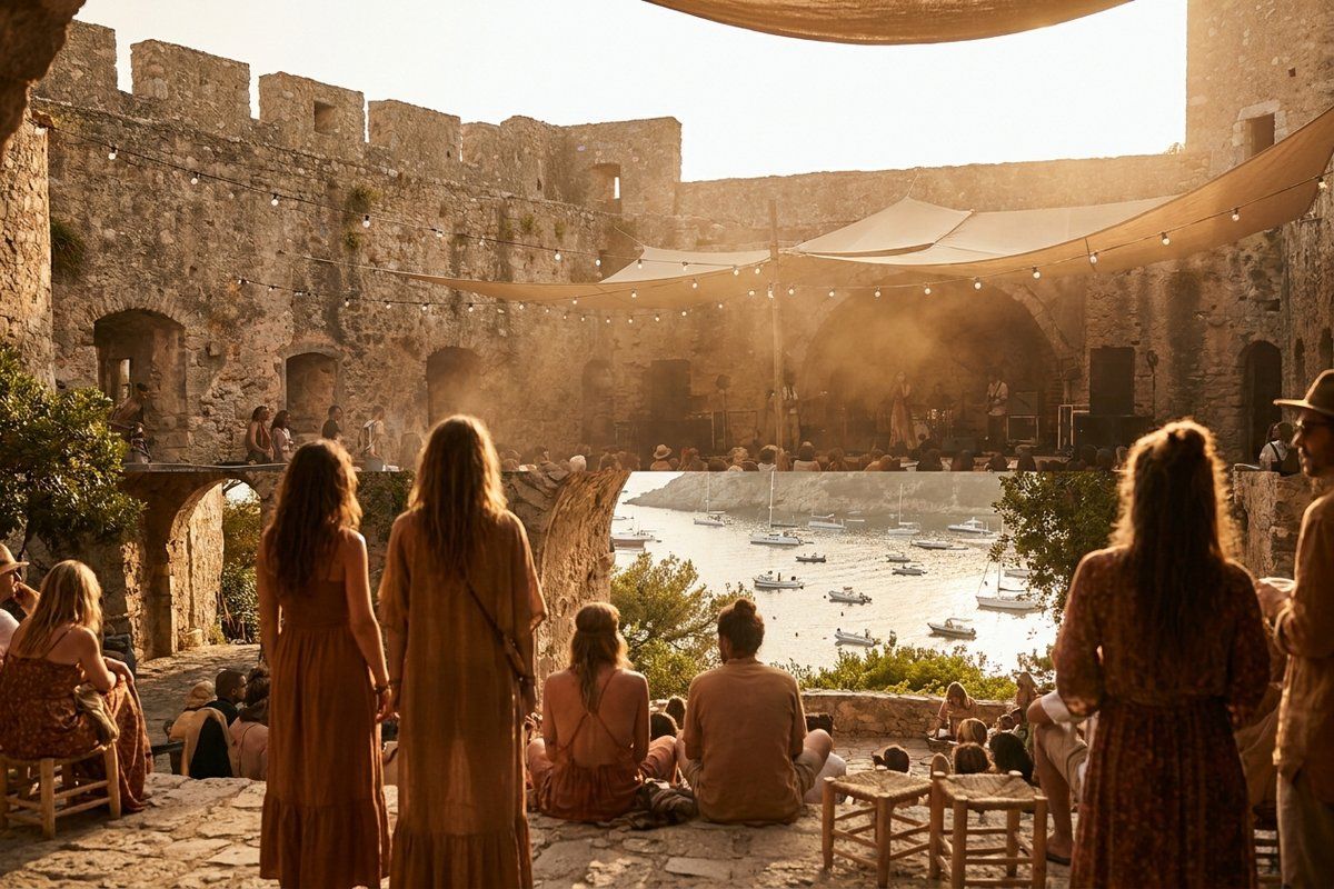 Warm evening light on an open-air stage inside a historic citadel, a sheltered Mediterranean bay glittering behind the crowd