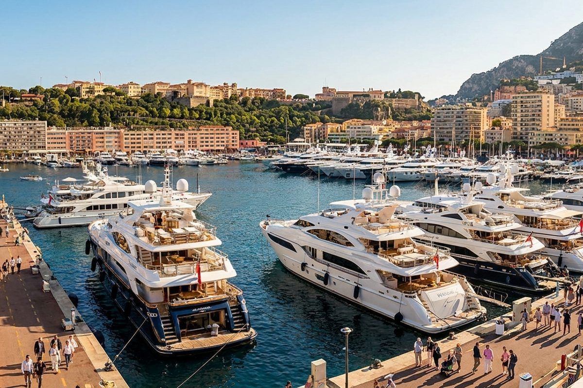 Rows of gleaming superyachts moored in Monaco's Port Hercule on a bright sunny day during the yacht show