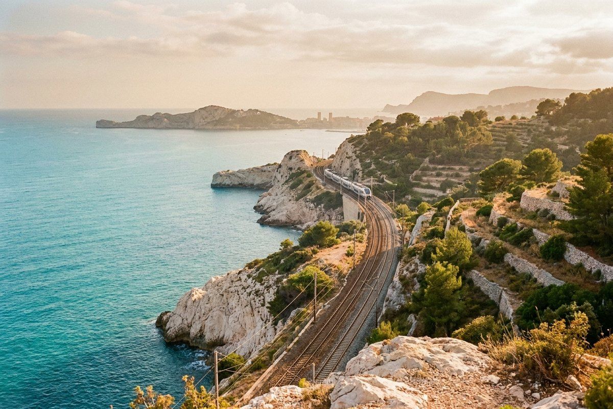 The Côte d'Azur coastal railway hugging pale limestone cliffs above turquoise sea, a white regional train rounding a headland in afternoon haze