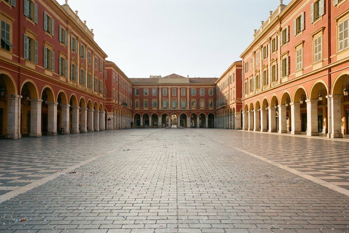 Place Masséna's terracotta-red arcaded facades framing confetti-scattered cobblestones in the quiet morning aftermath of carnival