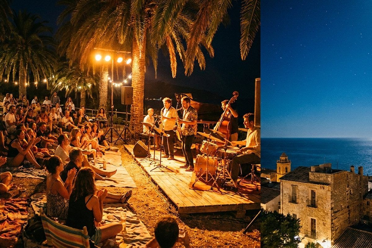 An open-air jazz stage glowing with warm lights on a summer night, palm trees and a relaxed crowd