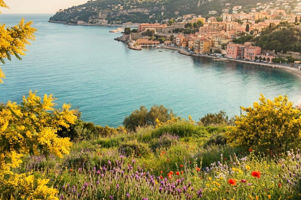 The French Riviera coast in spring — mimosa blossom, fresh green hills, and a calm turquoise sea