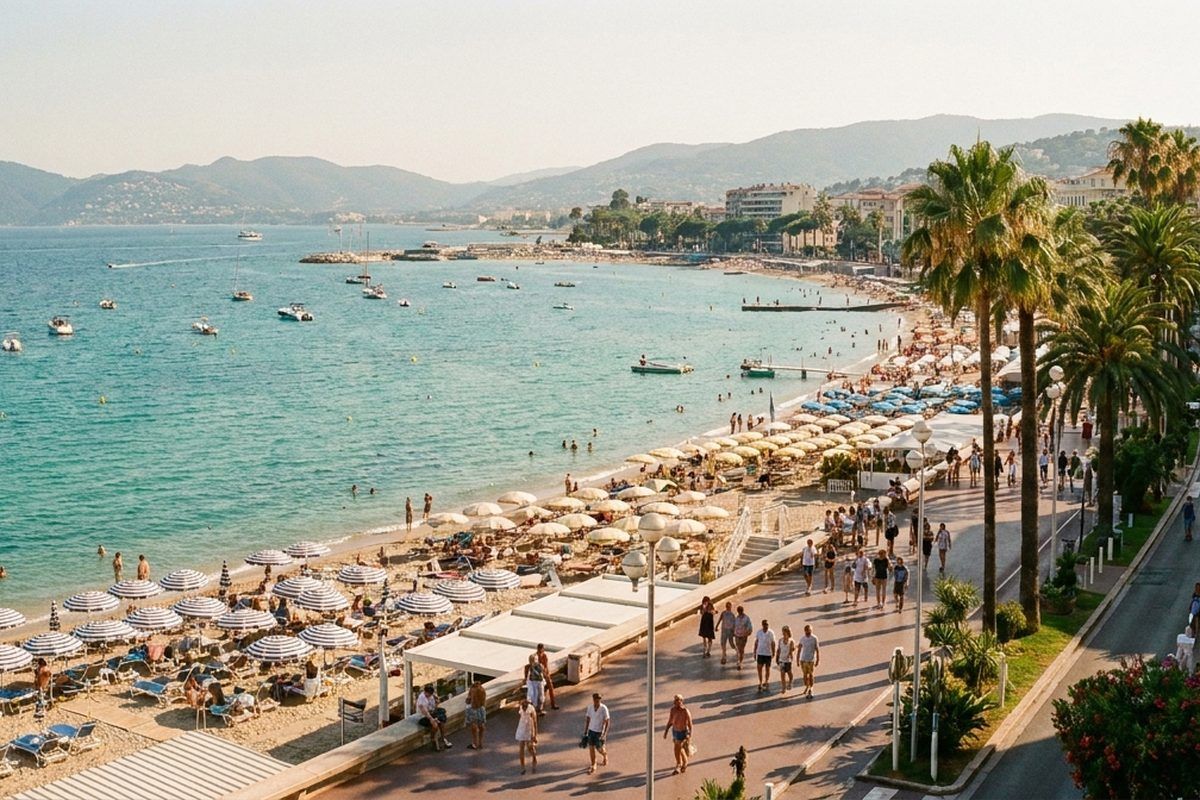 A French Riviera beach in high summer — turquoise sea, colourful parasols, and a palm-lined promenade
