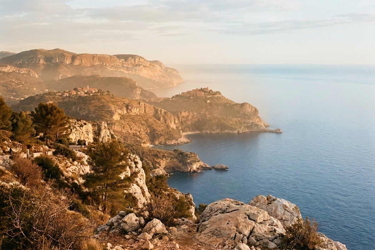 The French Riviera limestone coastline from a corniche above Èze, bare headlands and layered coves receding into warm afternoon haze