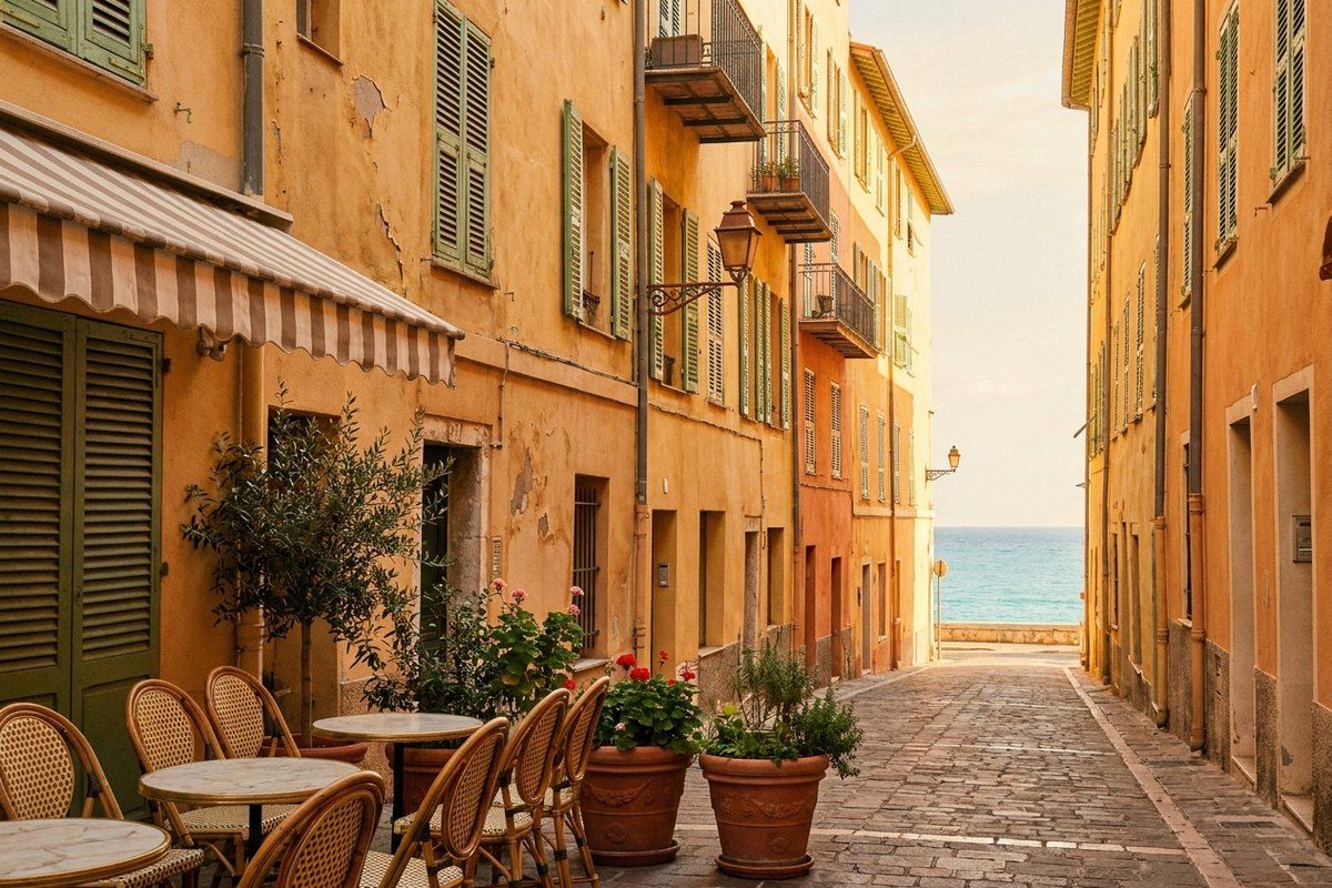 A golden-hour corner of Vieux Nice with ochre shutters and iron balconies, a café terrace of empty cane chairs, and a glimpse of turquoise sea at the end of the lane
