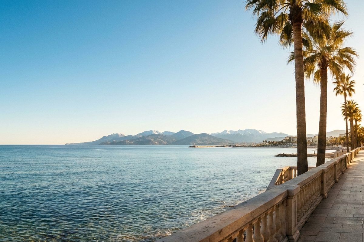 The French Riviera in winter — a crisp clear day with low golden sun over a calm sea and palm trees